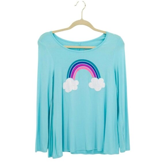 Justice Girls Rainbow Graphic Long Sleeve Tee Size XL 14 T-Shirt Blue Tunic Top - Picture 1 of 8